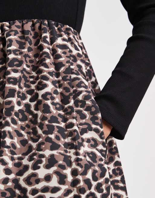 Threadbare long sleeve midi dress with contrast leopard print skirt in black, 4 of 4
