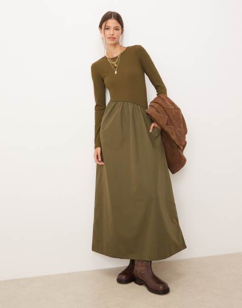 Threadbare long sleeve midi dress with poplin skirt in khaki - view 1