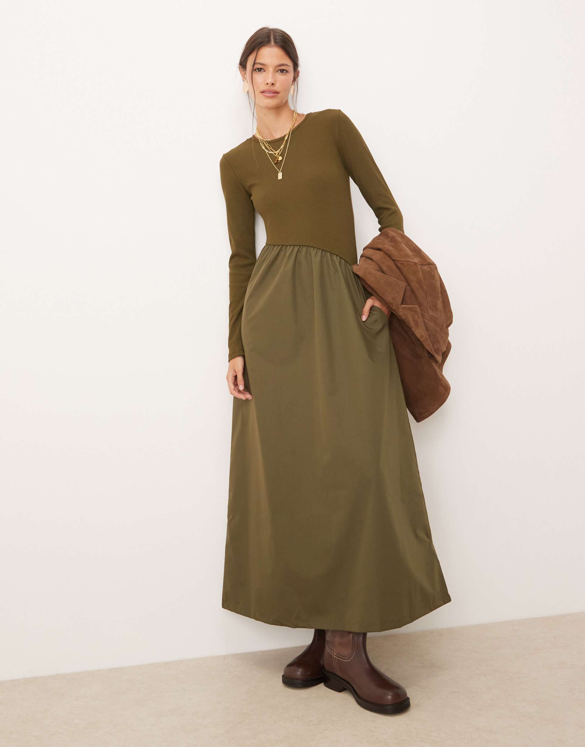 threadbare long sleeve midi dress with poplin skirt in khaki