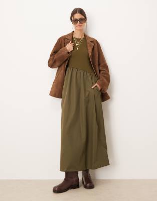 Threadbare Long Sleeve Midi Dress With Poplin Skirt In Green