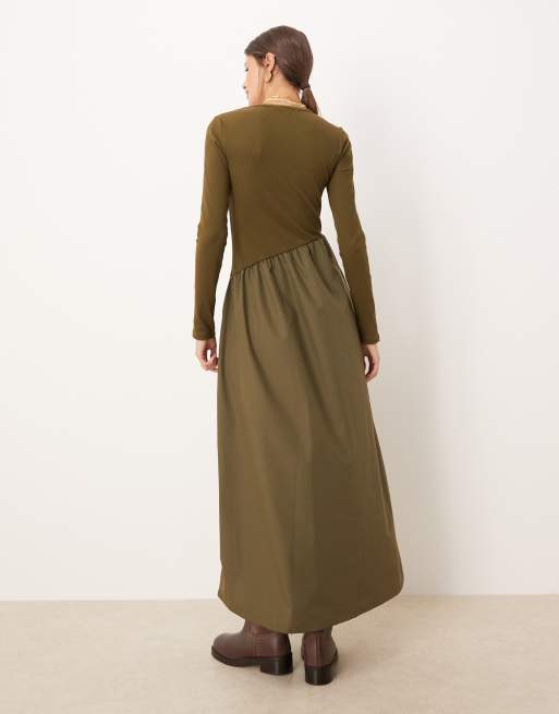 Threadbare long sleeve midi dress with poplin skirt in khaki, 4 of 4