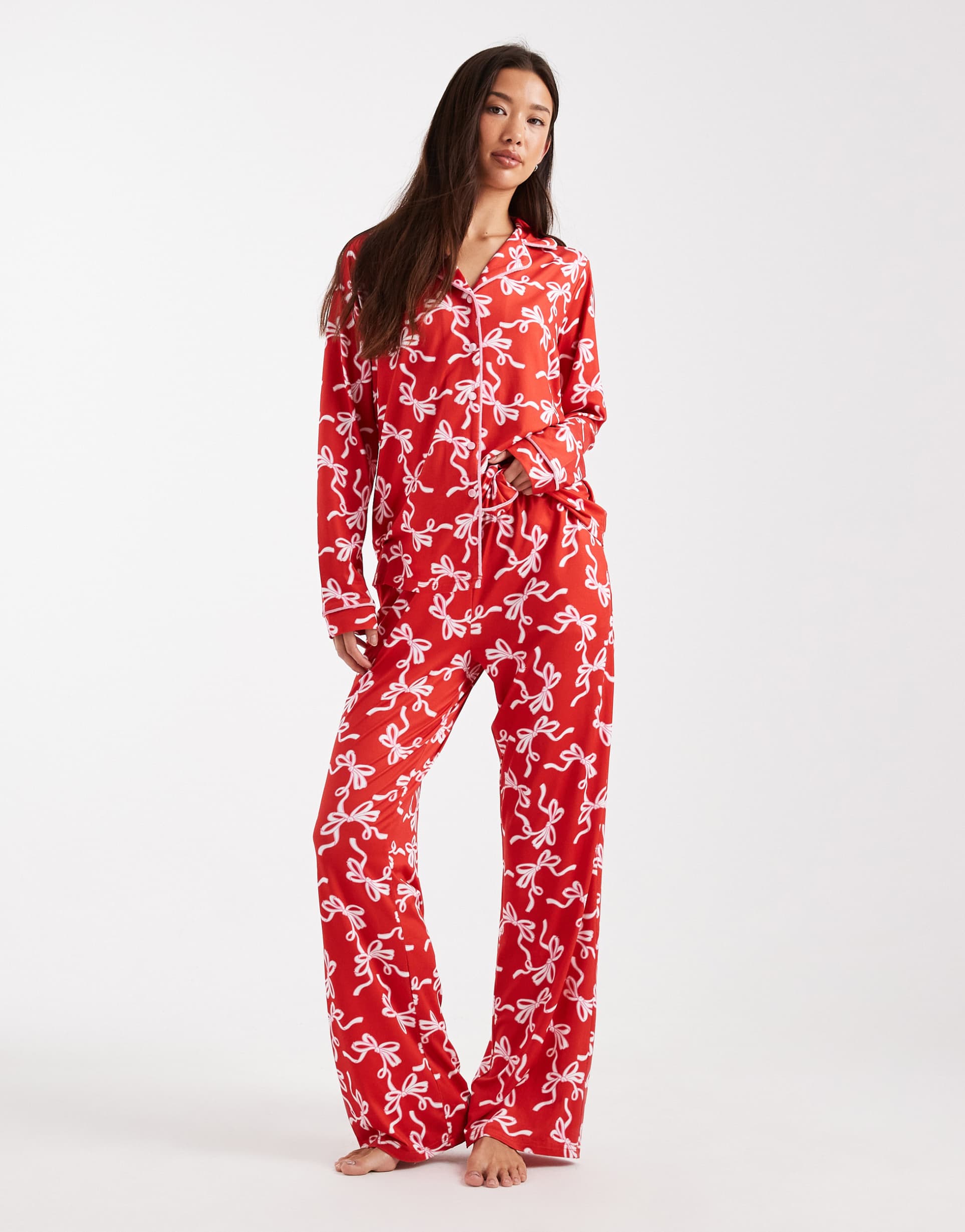 threadbare long sleeve pajama in red with bow print
