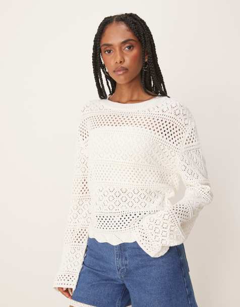Threadbare Long sleeve pointelle crochet knit jumper in white