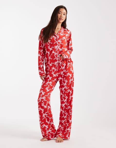 Threadbare long sleeve pyjamas in red with bow print - view 1