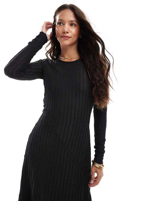 Threadbare long sleeve ribbed textured maxi dress in black