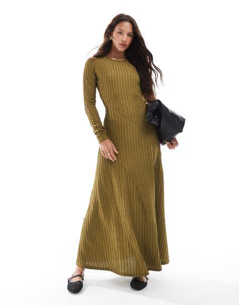 Threadbare long sleeve ribbed textured maxi dress in olive green - view 1
