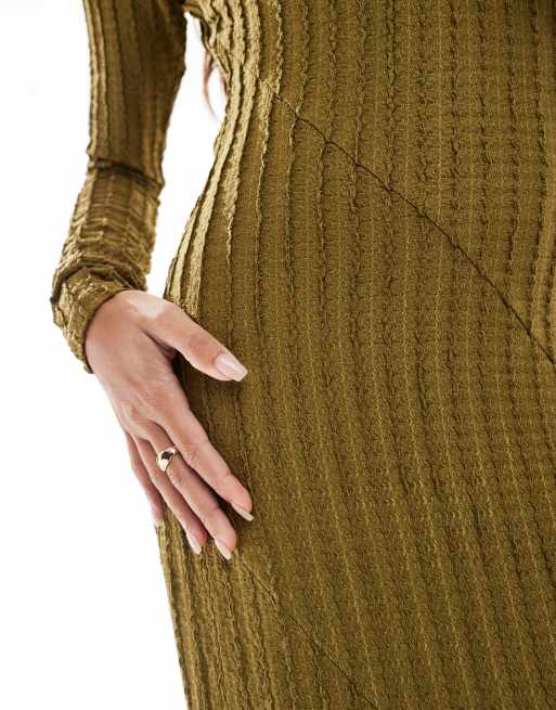 Threadbare long sleeve ribbed textured maxi dress in olive green, 2 of 4