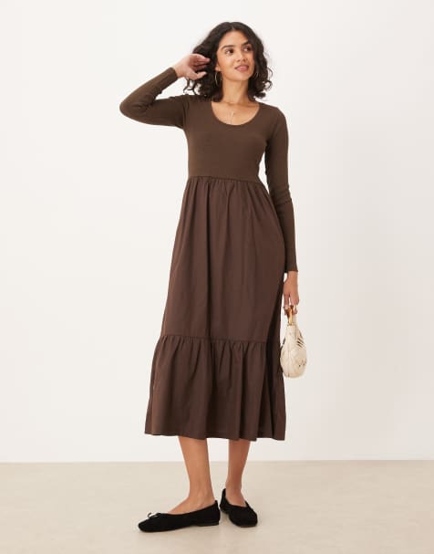 Threadbare long sleeve scoop neck midi dress with poplin skirt in brown - view 1