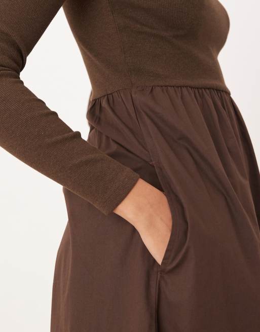 Threadbare long sleeve scoop neck midi dress with poplin skirt in brown, 3 of 4