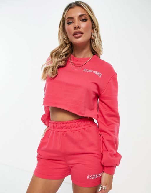 Threadbare long sleeve slogan crop top and sweatpants shorts set