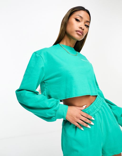 Threadbare long sleeve slogan crop top and sweatpants shorts set in teal