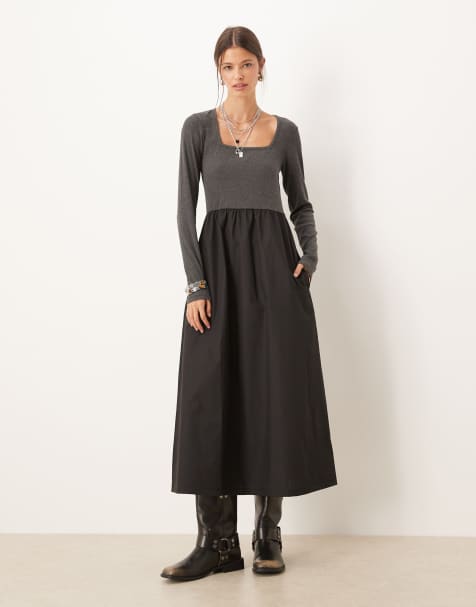 Threadbare long sleeve square neck midi dress with contrast black poplin skirt in grey - view 1