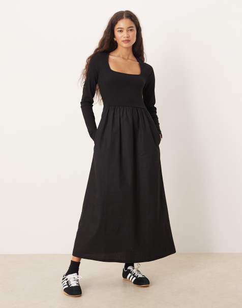 Threadbare long sleeve square neck midi dress with poplin skirt in black - view 1