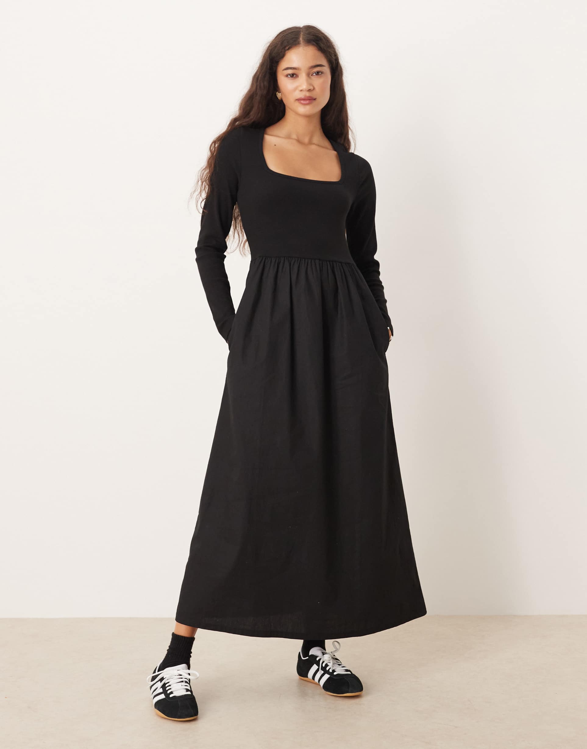 threadbare long sleeve square neck midi dress with poplin skirt in black
