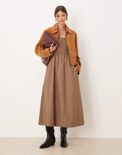 Threadbare long sleeve square neck midi dress with poplin skirt in mushroom - view 1