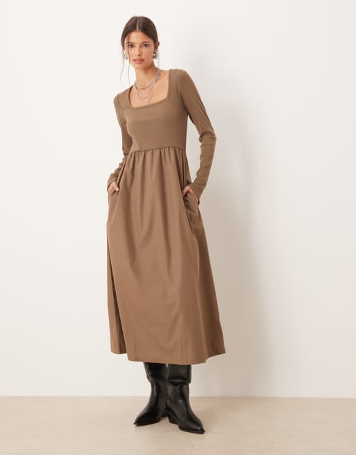 Threadbare long sleeve square neck midi dress with poplin skirt in mushroom, 2 of 4