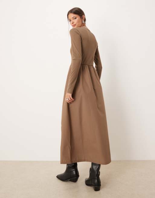 Threadbare long sleeve square neck midi dress with poplin skirt in mushroom, 3 of 4
