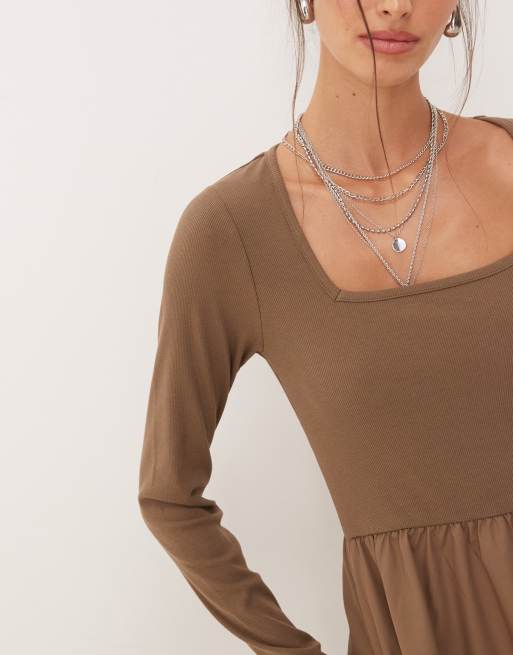 Threadbare long sleeve square neck midi dress with poplin skirt in mushroom, 4 of 4