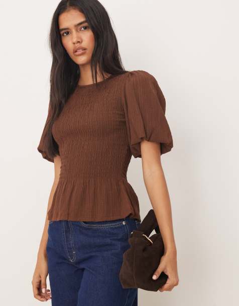 Threadbare long sleeve textured top with shirring in chocolate brown - view 1