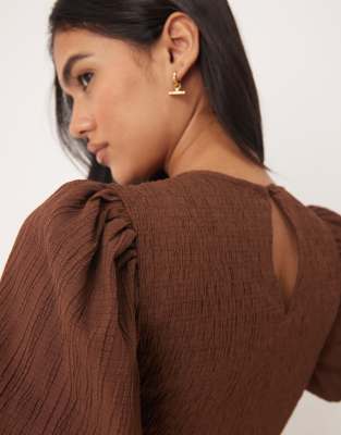 Threadbare Long Sleeve Textured Top With Shirring In Brown