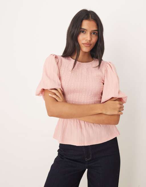 Threadbare long sleeve textured top with shirring in pink