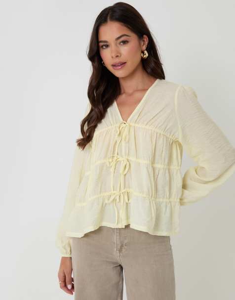 Threadbare Long sleeve tie front blouse in yellow