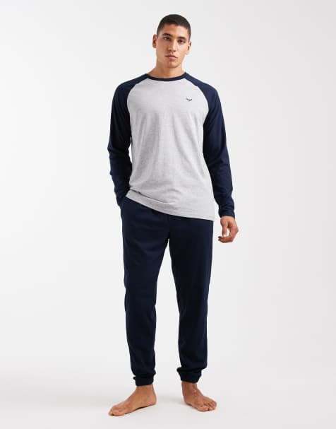 Threadbare long sleeve top and cuffed trouser pyjama set in navy and grey - view 1
