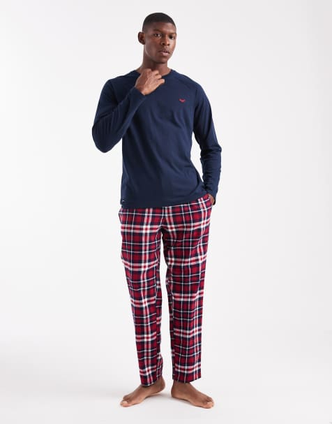 Threadbare long sleeve top and pants pajama set in navy and red plaid - view 1