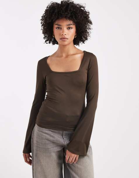Threadbare long sleeve top with square neck in chocolate brown - view 1