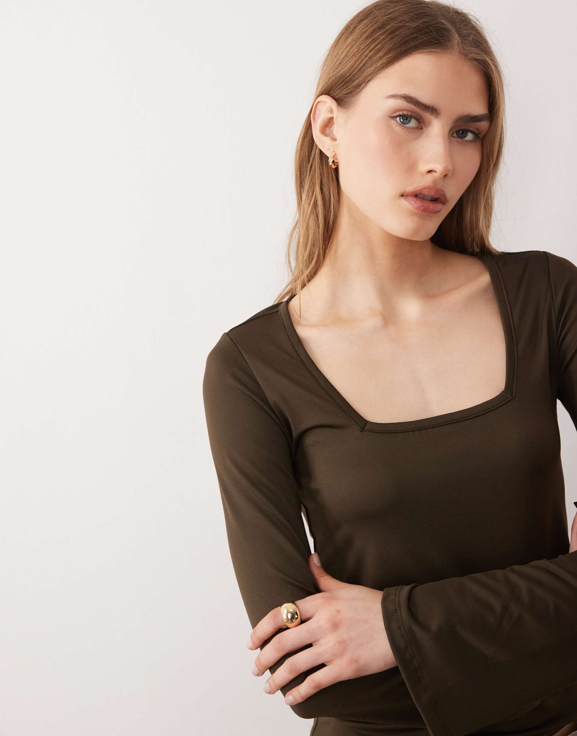 threadbare long sleeve top with square neck in chocolate brown