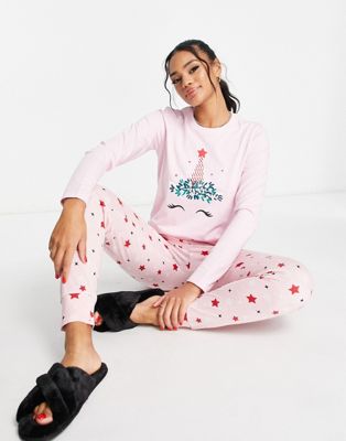 Threadbare Long Starry Pyjamas In Pink And Red