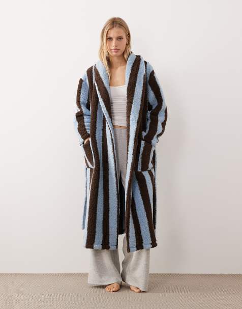 Threadbare long stripe dressing gown in chocolate brown and blue - view 1