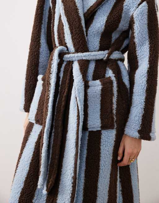 Threadbare long stripe dressing gown in chocolate brown and blue, 2 of 4
