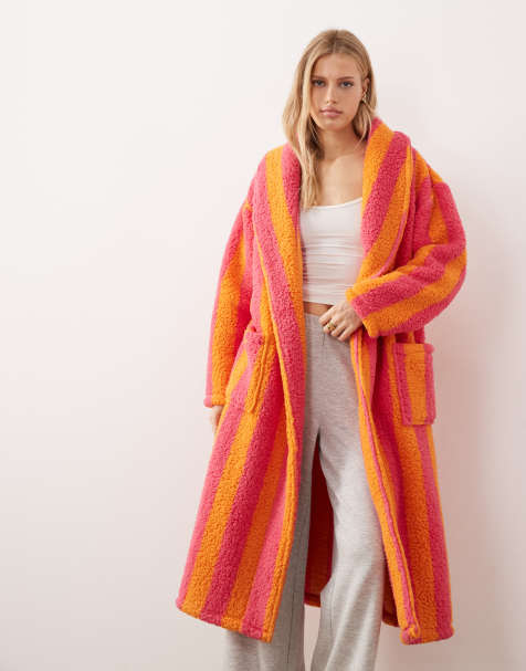 Threadbare long stripe dressing gown in orange and fuschia - view 1