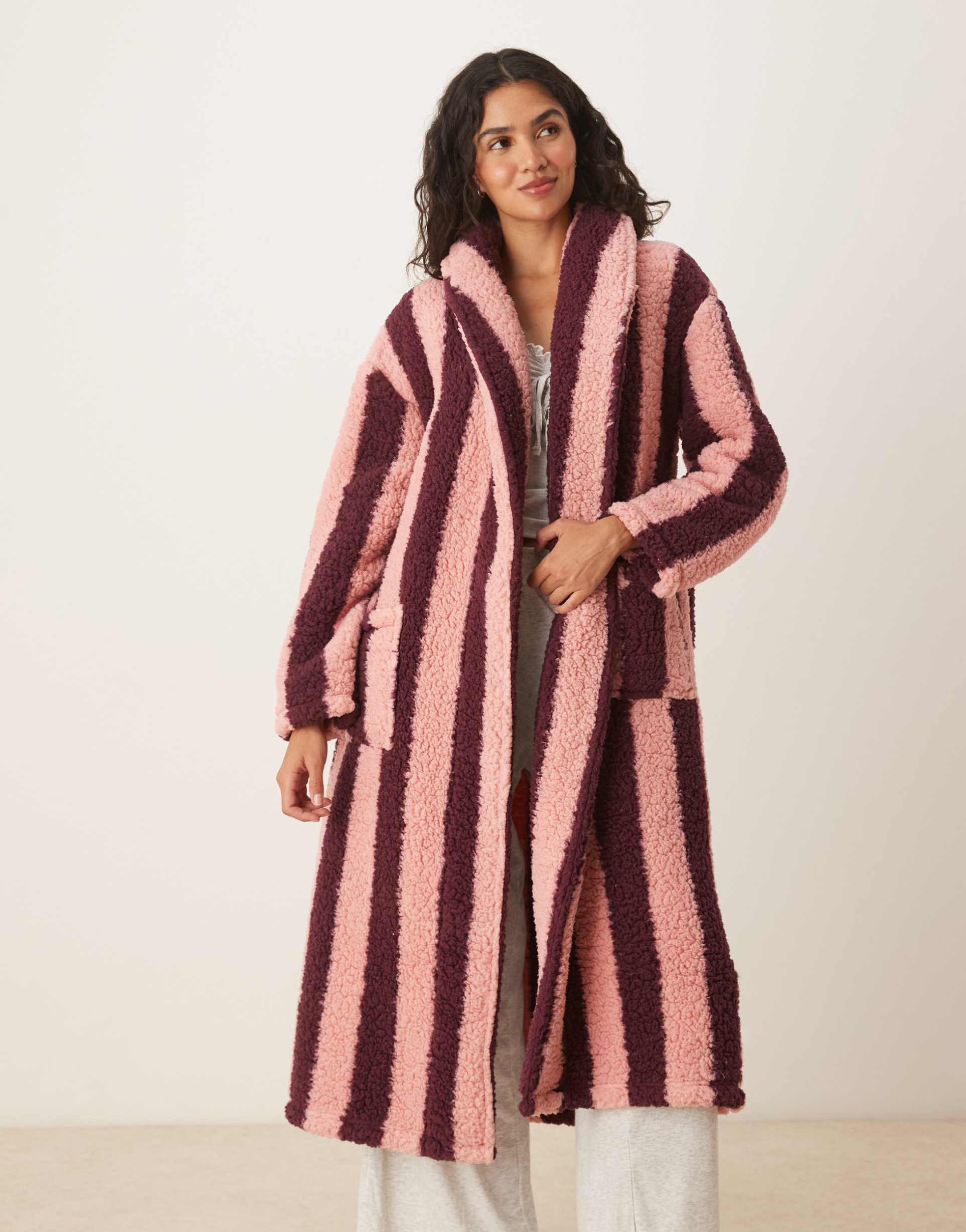 threadbare long striped robe in burgundy and pink