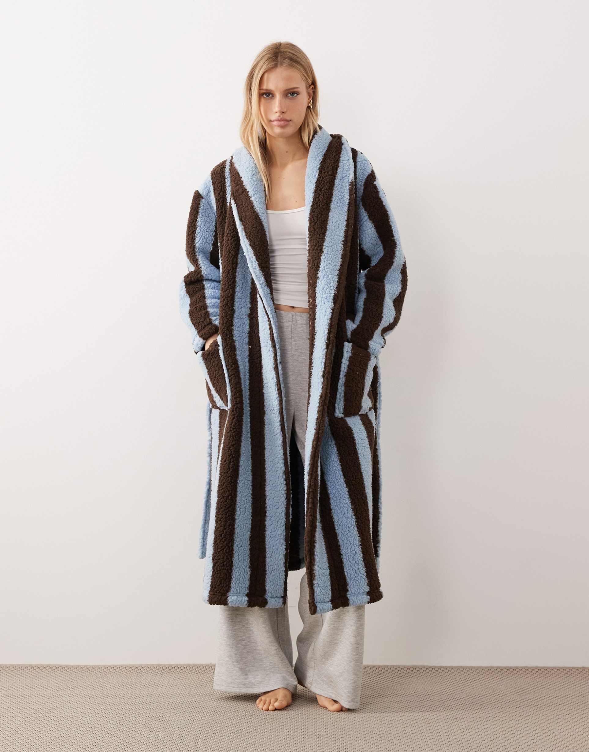 threadbare long striped robe in chocolate brown and blue