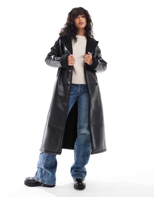 Threadbare longline aviator coat with borg trims in black | ASOS