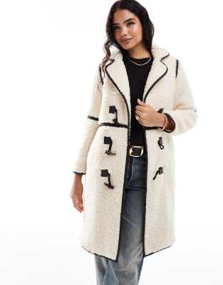 longline borg coat in cream with contrast trim-White