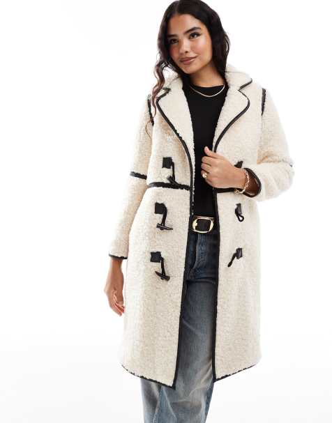 Threadbare longline borg coat in cream with contrast trim - view 1