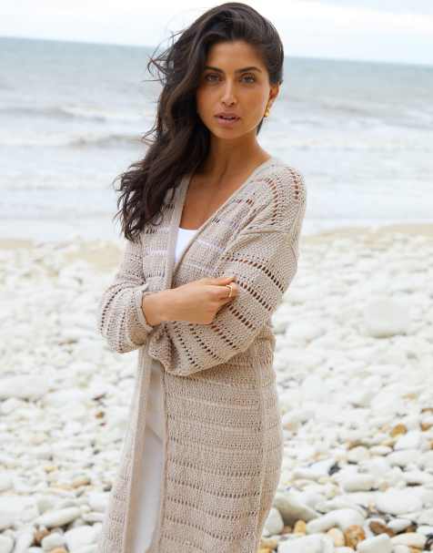 Threadbare Longline crochet pointelle knit cardigan in stone - view 1