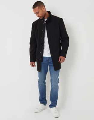 Threadbare Longline Faux Wool Funnel Neck Coat In Black