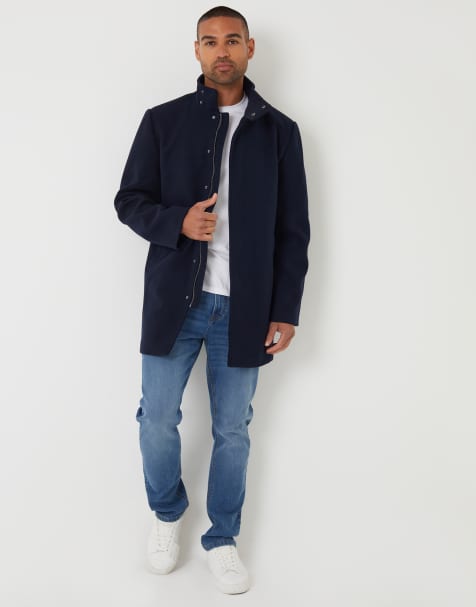 Threadbare Longline faux wool funnel neck coat in navy - view 1
