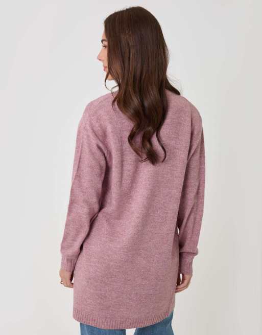 Threadbare Longline knitted open cardigan in pink, 2 of 5
