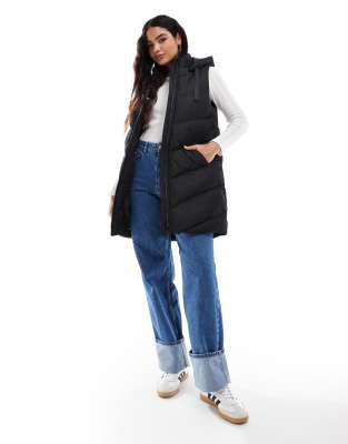 Threadbare Longline Padded Vest With Hood In Black