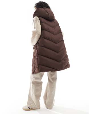Threadbare Longline Padded Vest With Hood In Brown