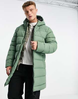 Threadbare longline puffer jacket with hood in pale green