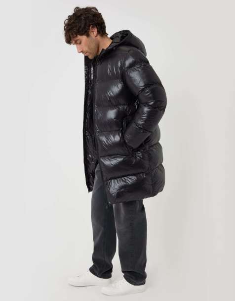 Threadbare Longline showerproof hooded puffer coat in black - view 1