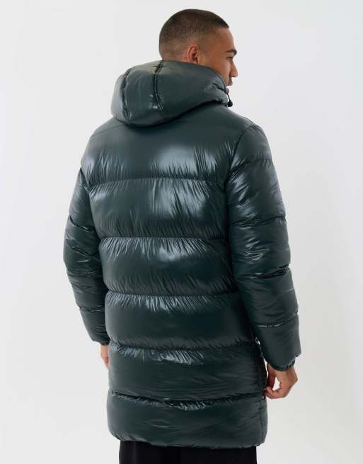 Threadbare Longline showerproof hooded puffer coat in forest green, 2 of 5