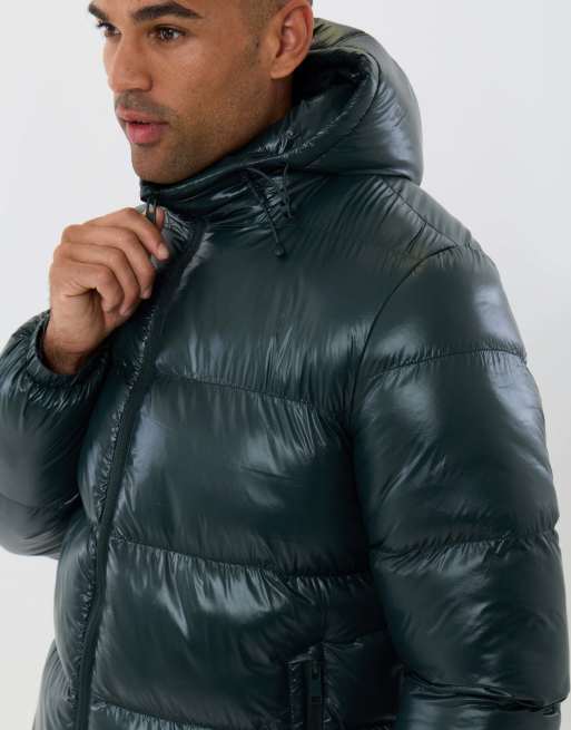 Threadbare Longline showerproof hooded puffer coat in forest green, 3 of 5