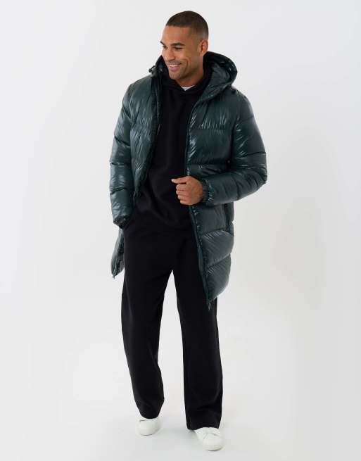 Threadbare Longline showerproof hooded puffer coat in forest green, 4 of 5